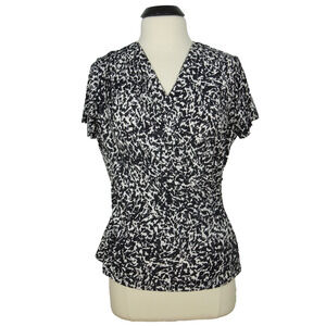 JONES WEAR Womens L LARGE Cross Front Black / White Print Stretch Blouse